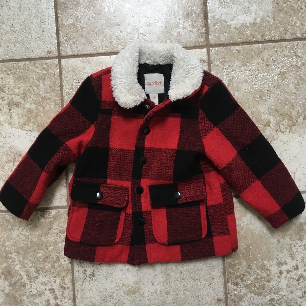 Cat & Jack Jacket. 18mo. Black & red, fur collar
